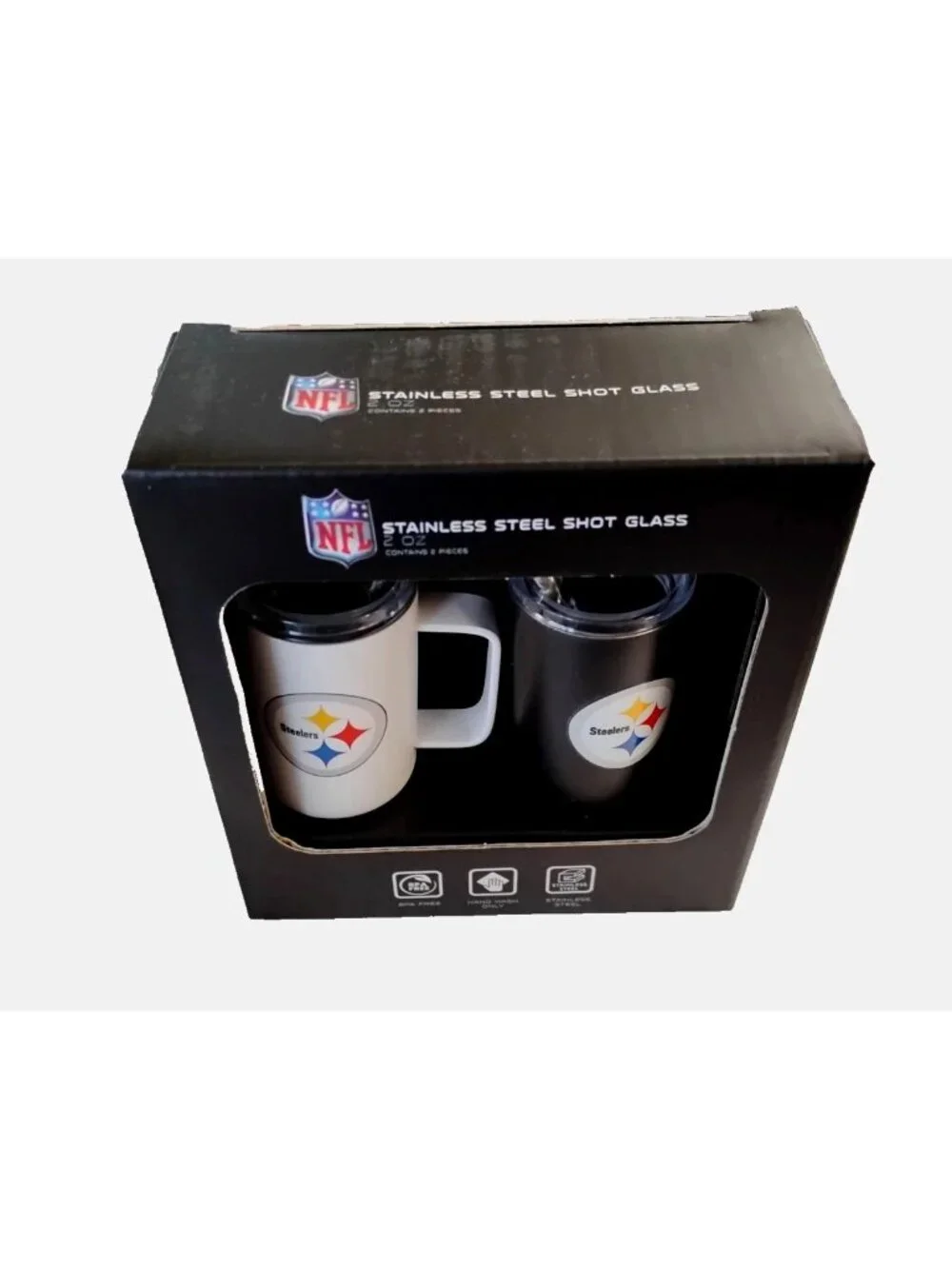 Pittsburgh Steelers 2Pk Shot Glass Steins Stainless Steel Metal Straw Vac Seal